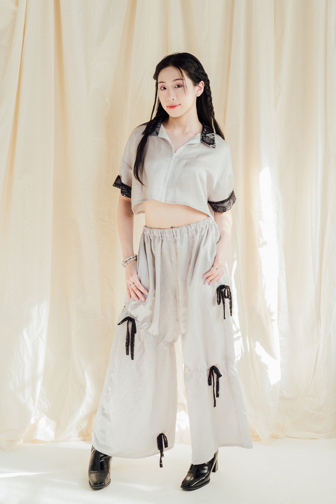 浪漫蝴蝶结宽裤 银灰 - 女装长裤 - 其他人造纤维 银色