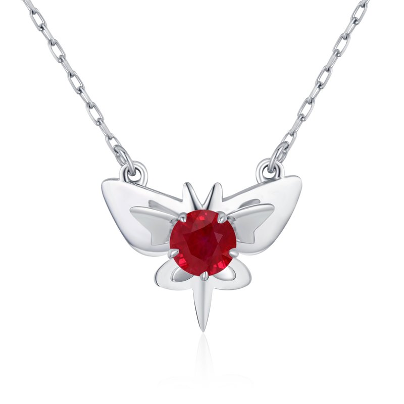 蝴蝶红宝石项链-立体叠戴坠饰-简约14k白金吊坠-7月生日石 - 项链 - 贵金属 红色