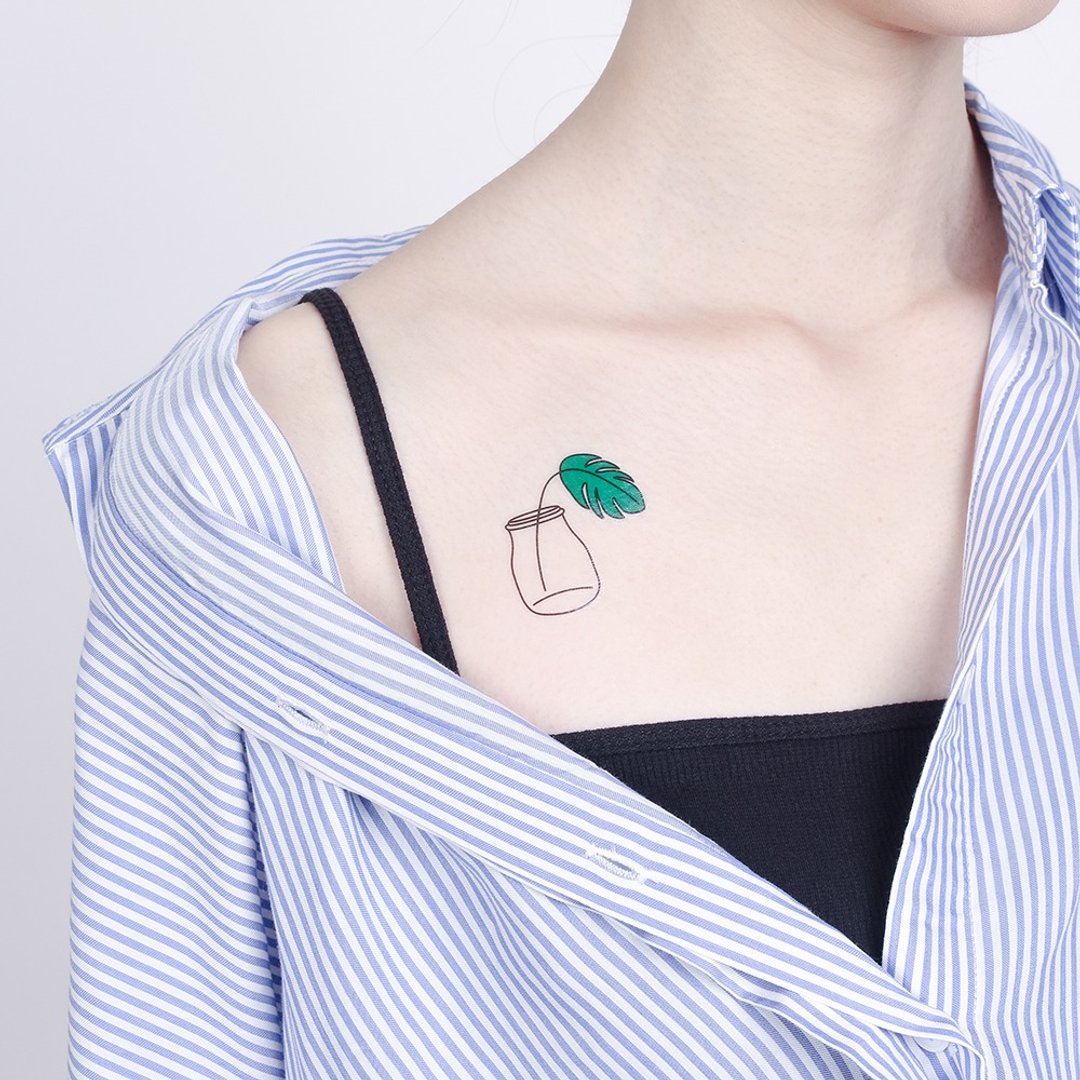 刺青纹身贴纸 - 叶片水瓶 植物 Surprise Tattoos - 纹身贴 - 纸 绿色