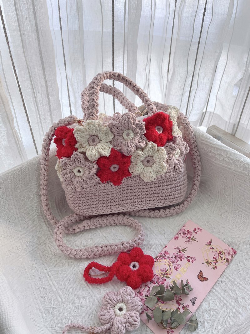 手工钩织新春花开富贵手拿包袋手袋斜孭袋粉红色针织鈎织编织 - 手提包/手提袋 - 棉．麻 粉红色