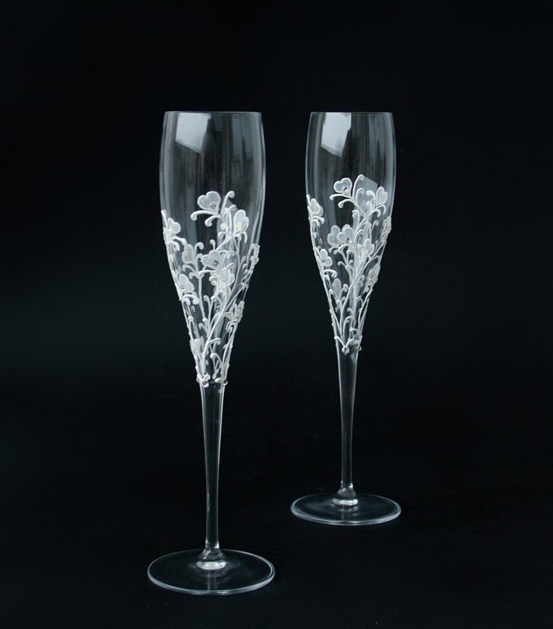 婚礼眼镜水晶白心手绘 2 件套 - 酒杯/酒器 - 玻璃 白色