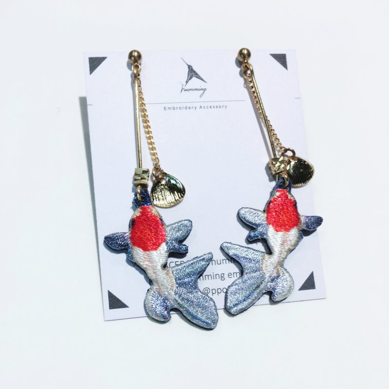 耳环 丹顶金鱼 金鱼 刺绣 手工 耳夹 鱼  礼物 礼盒 台湾 - 耳环/耳夹 - 绣线 多色