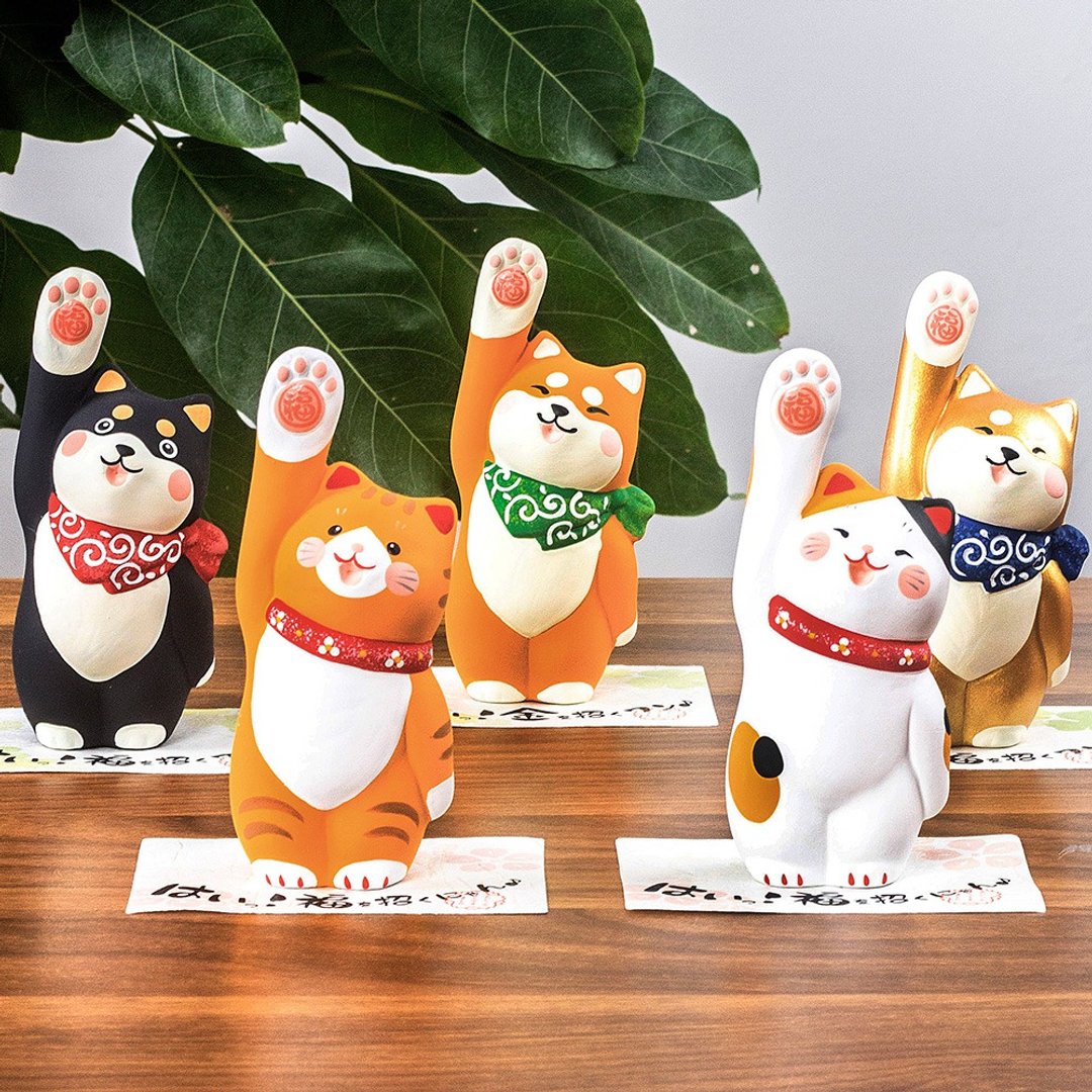 日本京都龙虎作 陶土招福可爱柴犬猫猫摆件 车载居家桌面摆饰礼物 - 摆饰 - 陶 