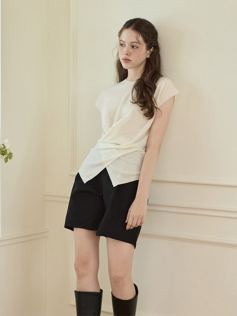 交叉钮扣无袖针织衫 - 象牙白/黑 - 女装针织衫/毛衣 - 羊毛 白色