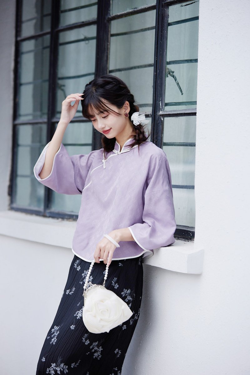 民國大小姐 紫色 暗紋提花中式倒大袖上衣 新中式民國風漢服 - 旗袍 - 聚酯纤维 紫色