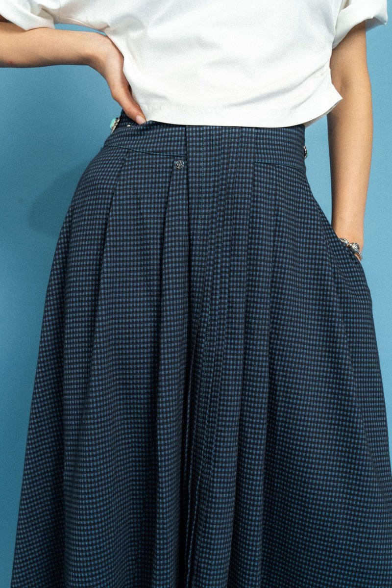 格子中长裙 Grid mid-skirt - 裙子 - 棉．麻 蓝色