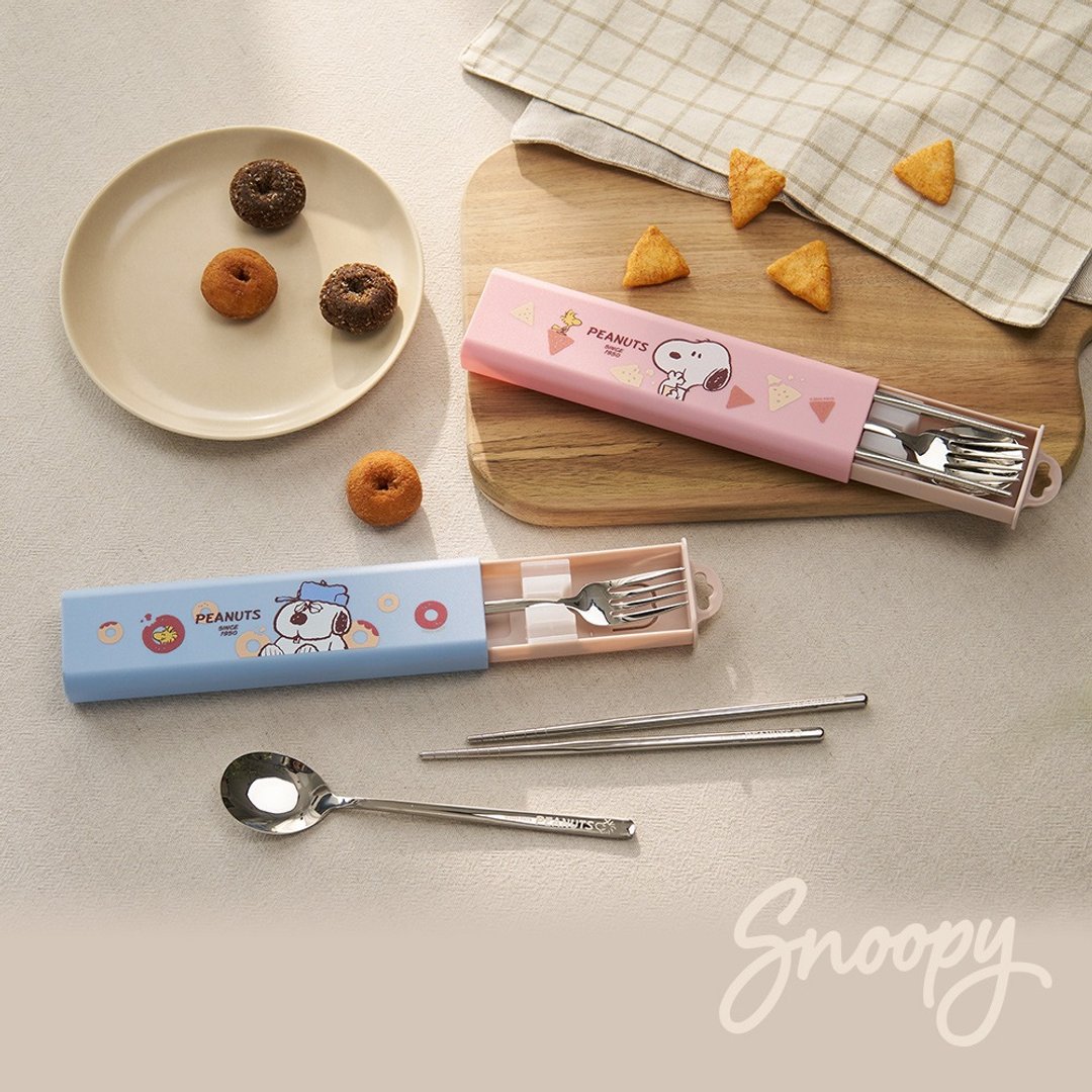 Snoopy 史努比 小点心 304 不锈钢餐具 4 件组 (汤匙 + 筷子 + 叉子 + 收纳盒) - 餐刀/叉/匙组合 - 不锈钢 