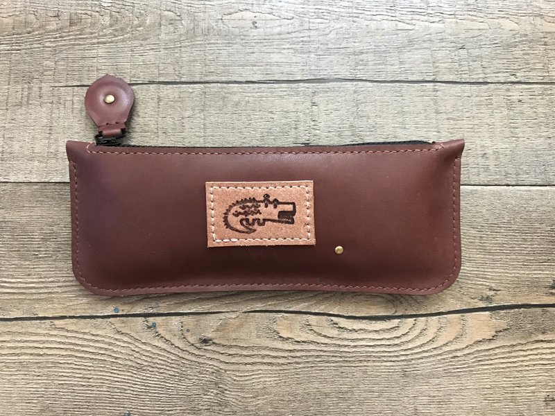 POPO│鳄鱼│长方扁包│真皮革 - 铅笔盒/笔袋 - 真皮 咖啡色