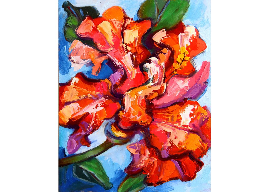Red hibiscus flower. Wall Art Flowers impasto . Wall panel. - 海报/装饰画/版画 - 其他材质 多色