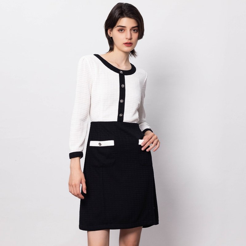 【MEDUSA】黑白经典方格纹理小香风洋装(M-XL) | 上班穿搭 短洋装 - 洋装/连衣裙 - 其他人造纤维 白色