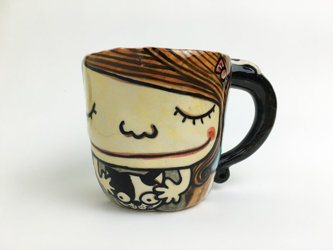 Nice Little Clay 手工大杯_女孩与猫 - 咖啡杯/马克杯 - 陶 多色