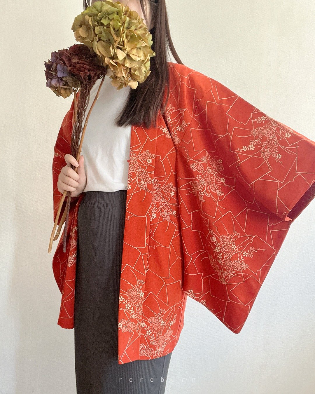 日本制和风印花薄款红色古着羽织和服外套 - 女装休闲/机能外套 - 聚酯纤维 红色