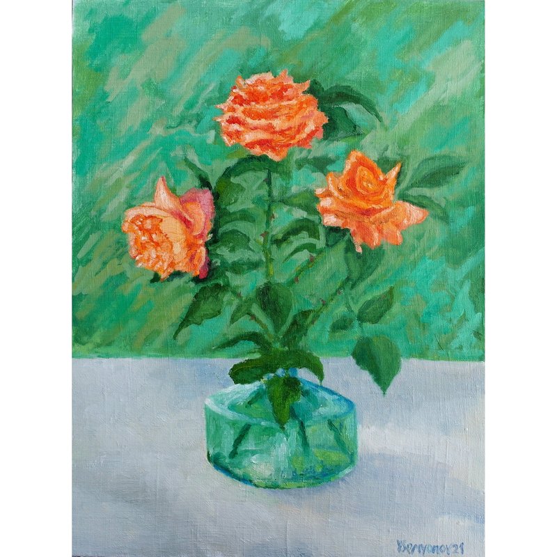 Orange Garden Roses Flowers Original Art Oil Painting Wall Decor Beautiful Roses - 海报/装饰画/版画 - 其他材质 多色