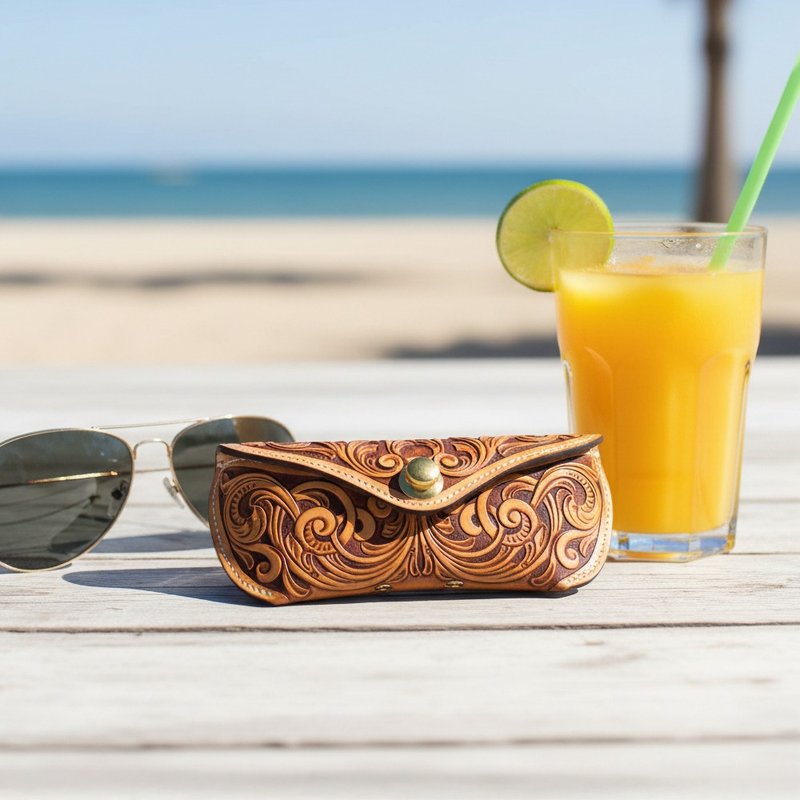 皮雕太陽眼鏡盒 真皮眼鏡盒 墨鏡收納盒 意大利植鞣牛皮 純銅鎖釦 - 眼镜盒/眼镜布 - 真皮 