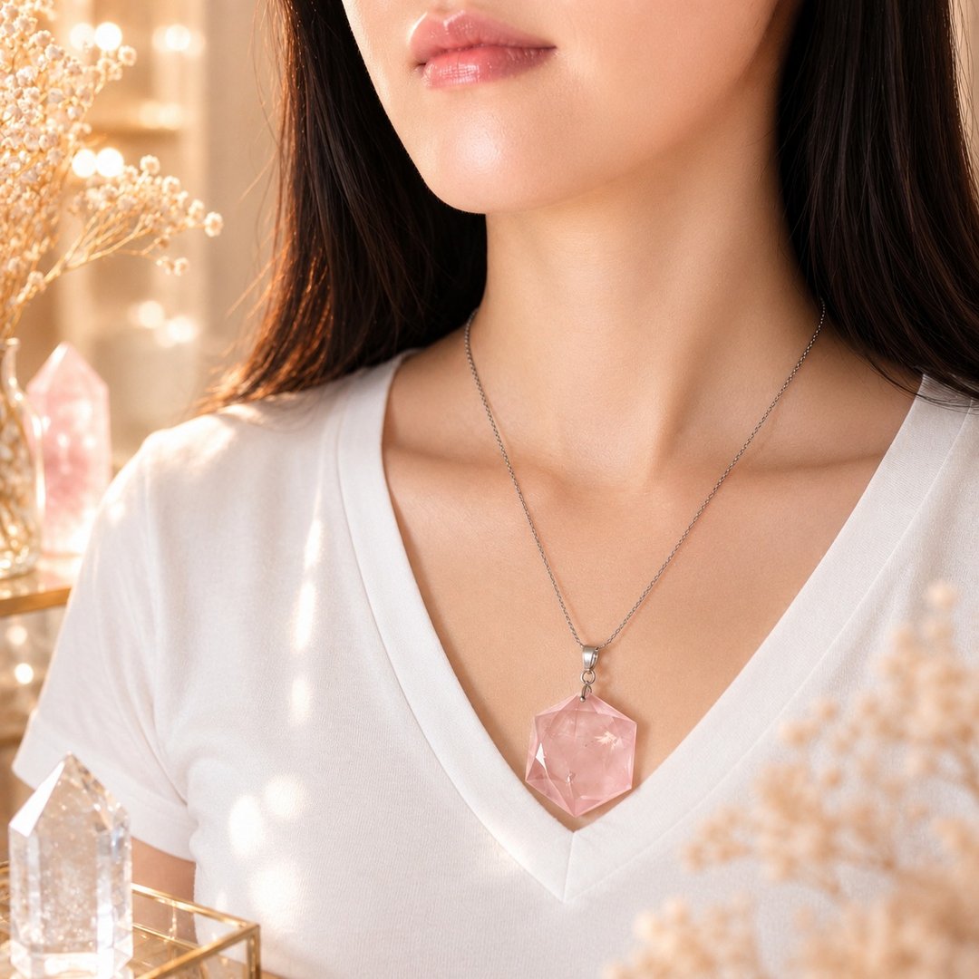 粉晶 单尖 粉水晶 灵摆 项链 水晶 吊坠 送配件  六芒星 大卫之星 - 项链 - 水晶 粉红色