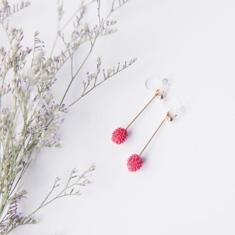 NEW / 桃红粉刺刺小松果球垂坠夹式耳环 / 针式耳环 - 耳环/耳夹 - 粘土 粉红色