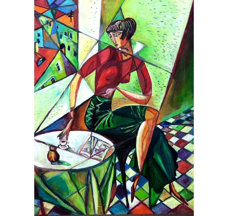 Girl wih Coffe  Painting   Original Art 油畫 Oil Painting Oil on Canvas Wall Decor - 墙贴/壁贴 - 其他材质 绿色