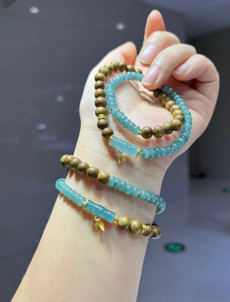 天然A货蓝水翡翠算盘珠双圈手链搭配沉香 翡翠竹节  节节高升 - 手链/手环 - 木头 