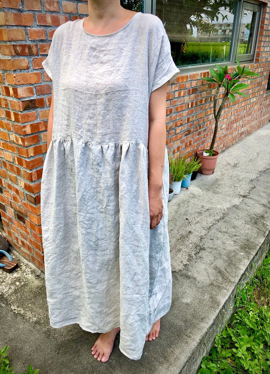 进口夏砂亚麻短袖口袋拼接长洋装 - 洋装/连衣裙 - 棉 多色