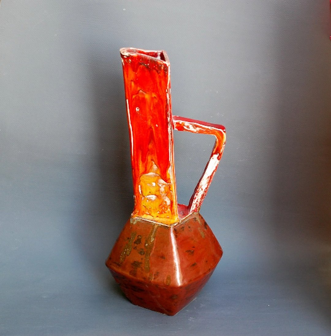 Red decorative vase with handle Ceramic jug Tall vase Minimalism art - 花瓶/陶器 - 陶 红色