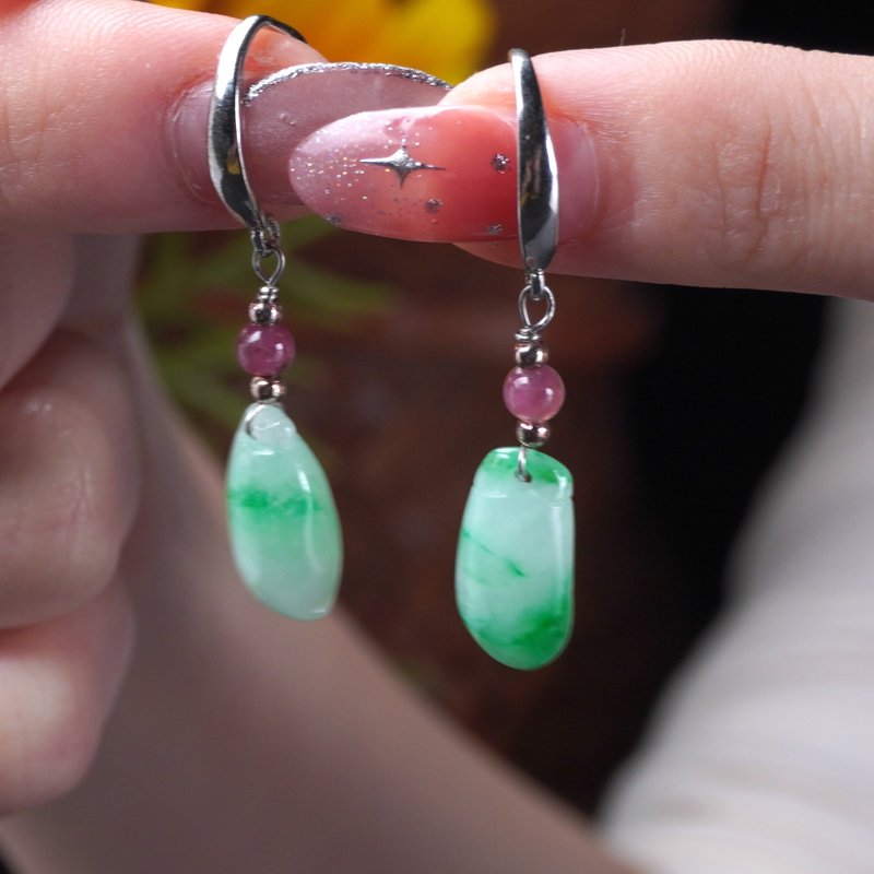 【福挂】冰种飘阳绿翡翠福瓜耳环925银|天然缅甸玉翡翠A货|送礼 - 耳环/耳夹 - 玉石 绿色