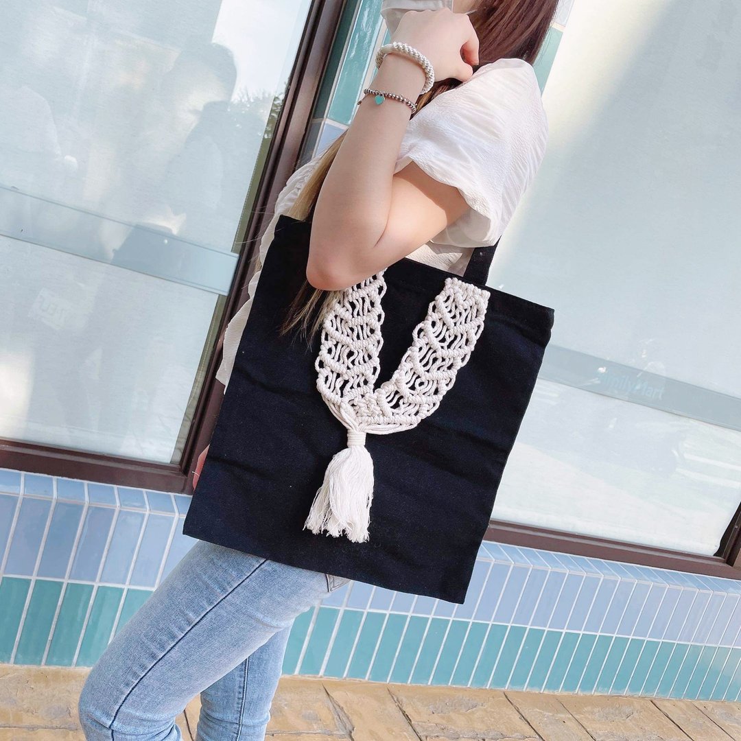 Macrame帆布包【Macrame Tote Bag Canvas】黑色拉链款 - 手提包/手提袋 - 棉 黑色