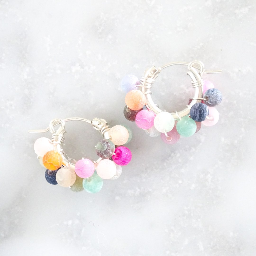 SV925SF mix Agate wrapped hoop pierced earrings / clip on ea - 耳环/耳夹 - 宝石 多色