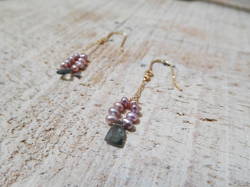 包 14k 金粉紫珍珠拉长石耳环 可改夹 - 耳环/耳夹 - 其他材质 金色