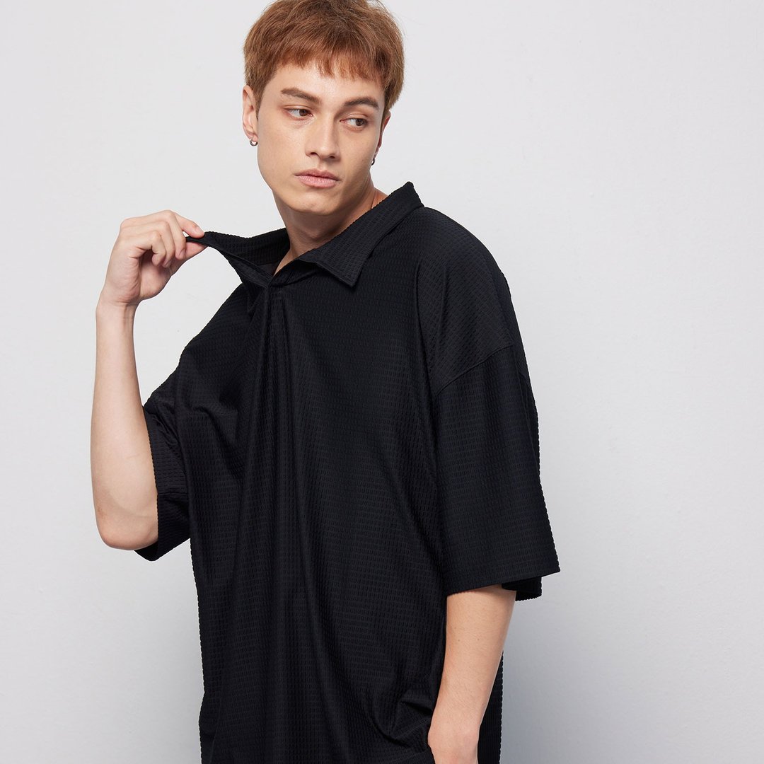 Stone as_loose fit polo shirts / polo衫宽松慵懒上衣 - 男装衬衫 - 棉 黑色