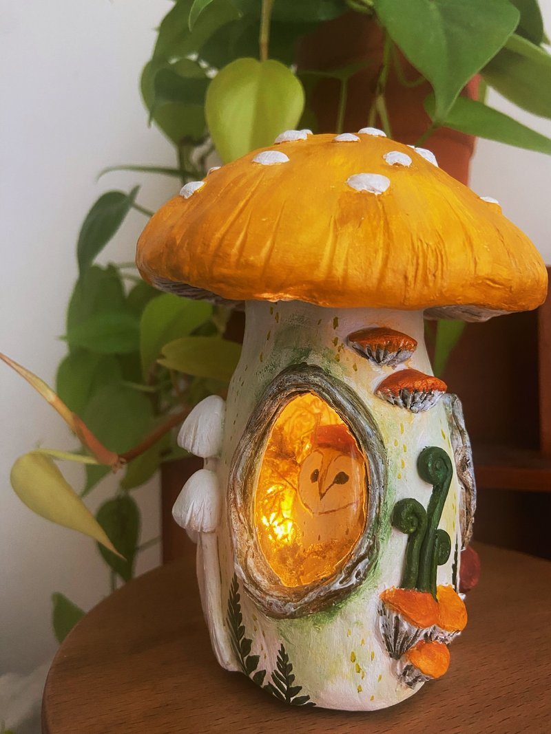 蘑菇屋猫头鹰的家USB小夜灯 居家装饰 微景观 手工雕塑 - 摆饰 - 粘土 橘色
