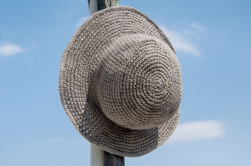 钩织棉麻帽 手工编织帽 渔夫帽 遮阳帽 草帽 草编帽-原味夏天石头 - 帽子 - 棉．麻 灰色
