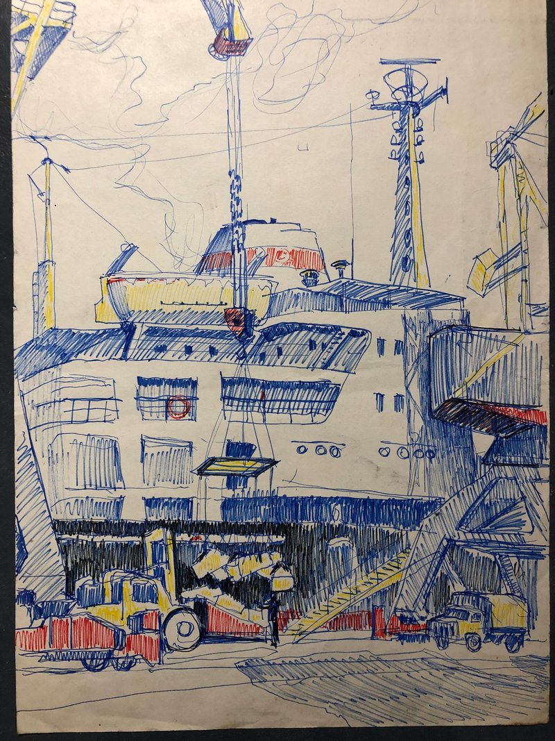 敖德萨港的船只，原创艺术品，纸上毡尖笔，家居装饰 - 墙贴/壁贴 - 纸 多色