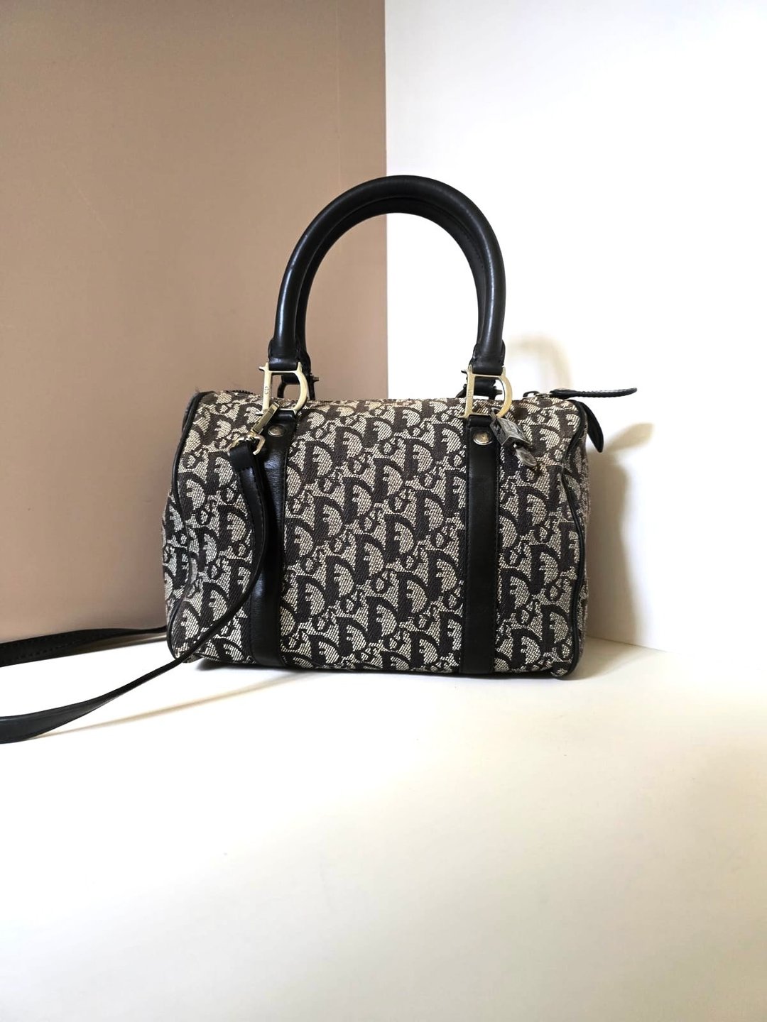 稀有中古包 Dior 黑灰色老花波士顿包 斜背包 侧背包 单肩包 古董 - 侧背包/斜挎包 - 其他材质 黑色