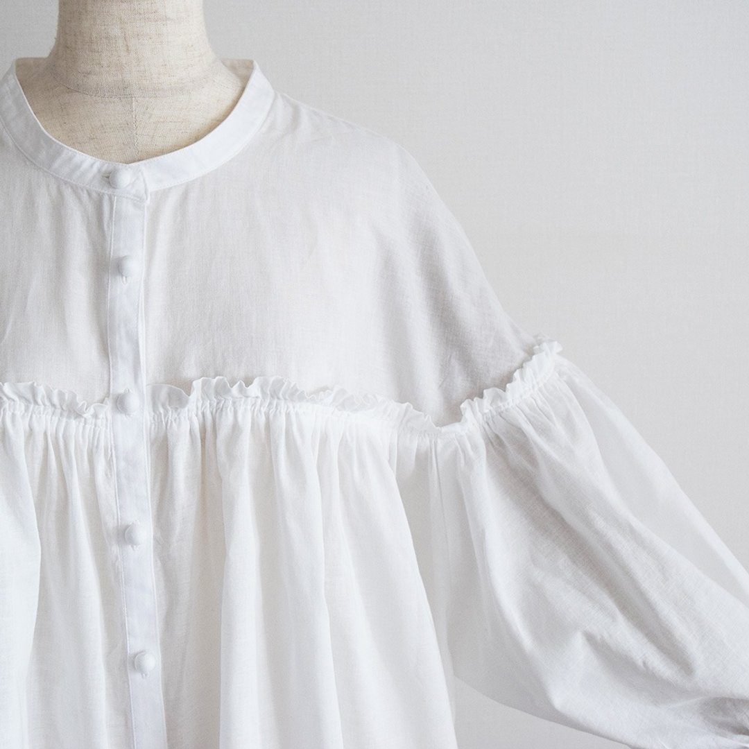 Cotton switching gathered 3/4 sleeve blouse Off-white plain Made to order - 女装上衣 - 棉 白色