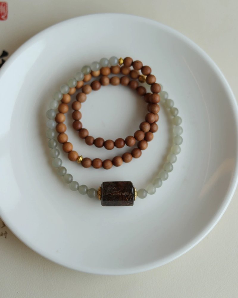 6mm 迈索尔老山檀 晴水玉黑金超七桶珠设计多圈手串项链 ms - 手链/手环 - 玉石 咖啡色
