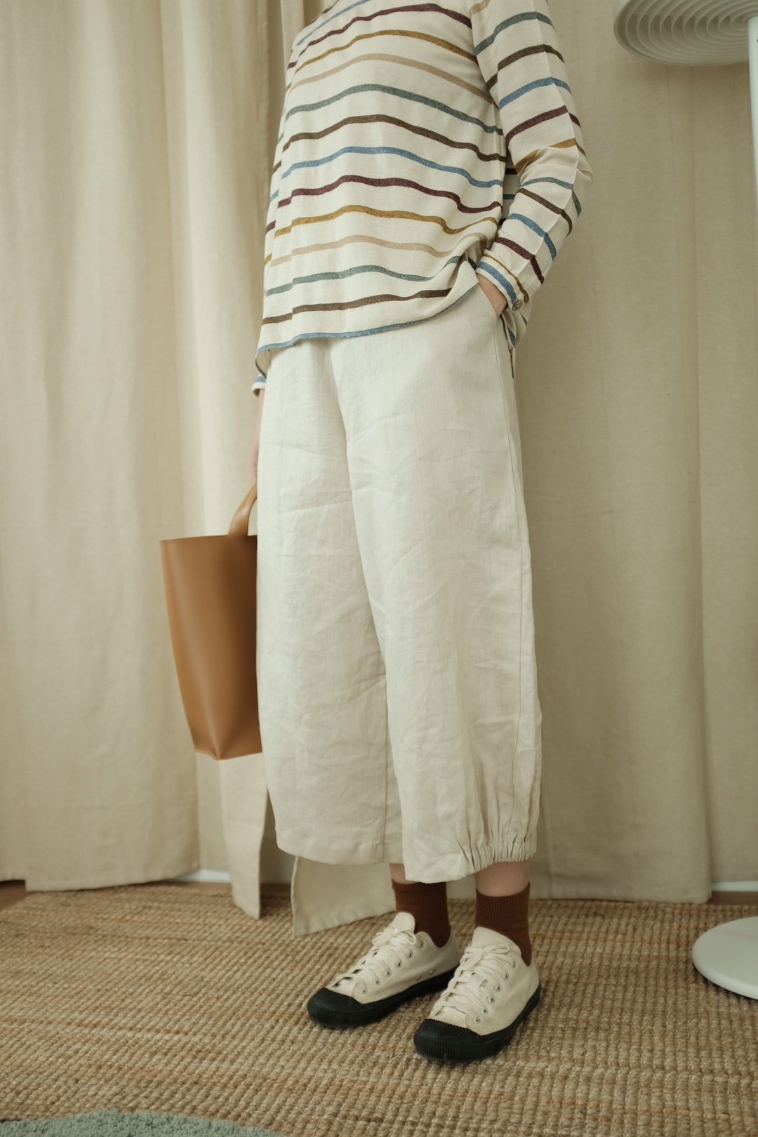 WHITEOAKFACTORY Momo loose pant - Beige linen trousers - 女装长裤 - 棉 卡其色