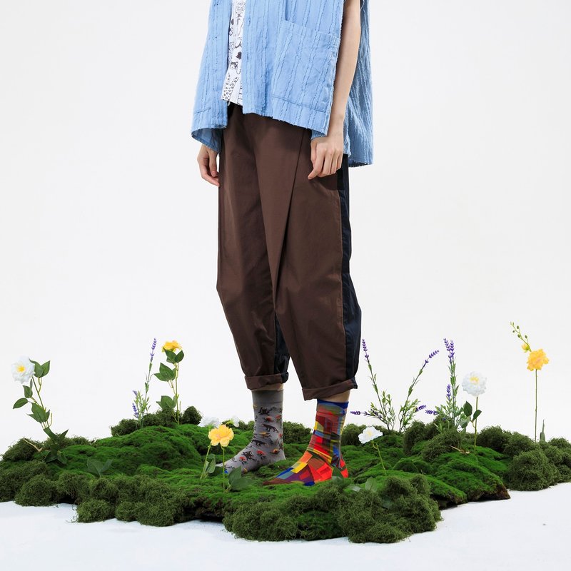 异色前后拼接斜褶锥形裤 - 中性裤装 - 棉．麻 咖啡色