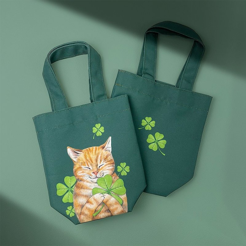 橘猫与幸运草_动物插画/防泼水饮料袋/万用环保袋/保温瓶袋/雨伞/ - 手提包/手提袋 - 防水材质 绿色