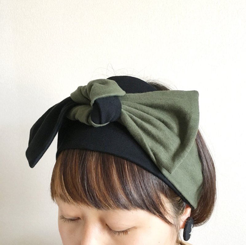 ribbon hair band  Tshirt Black × khaki - 发带/发箍 - 棉．麻 卡其色