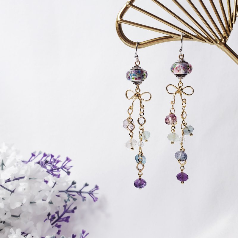 天然 彩虹 萤石 琉璃 流苏 蝴蝶结 甜美 气质 俏丽 耳环 仅此一件 - 耳环/耳夹 - 宝石 多色