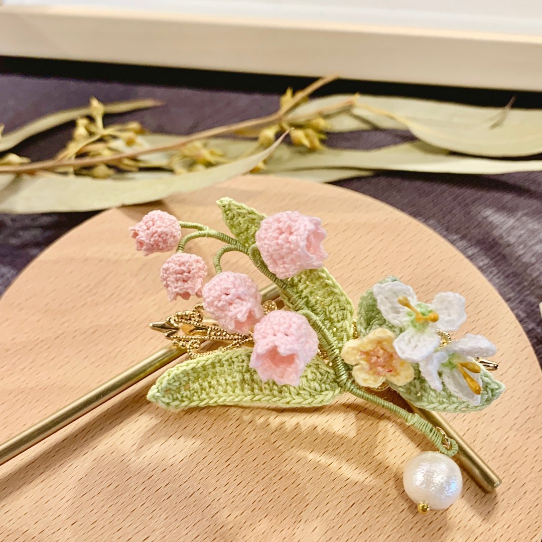Campanula 风铃花 百合花 日本 棉花珍珠 发饰 发夹 Hairpiece - 发饰 - 棉 多色