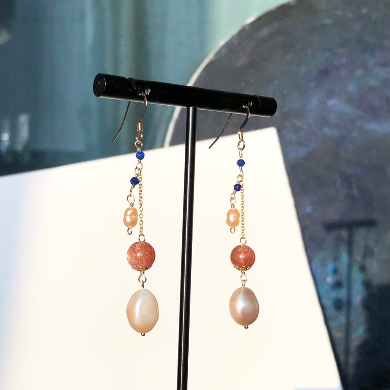 独家-太阳石珍珠耳环14KGF 情人节礼物 - 耳环/耳夹 - 宝石 多色