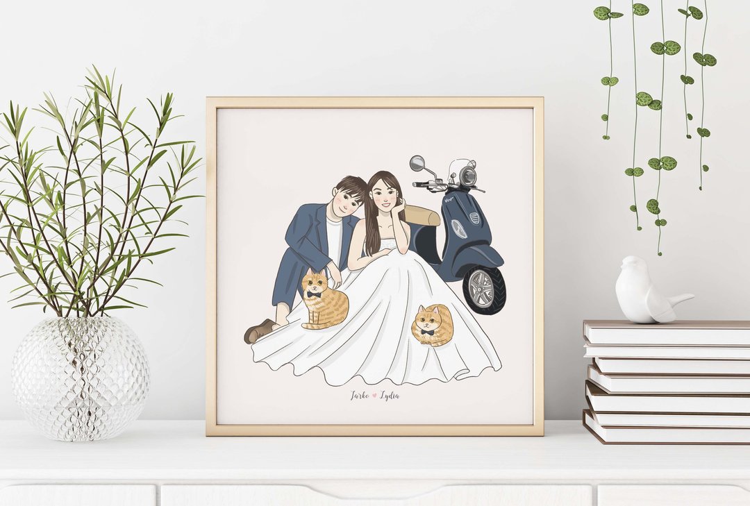 定制化卡通风格婚纱插画|喜饼卡|结婚礼物|婚纱插画|电子档 - 订制画像 - 其他材质 