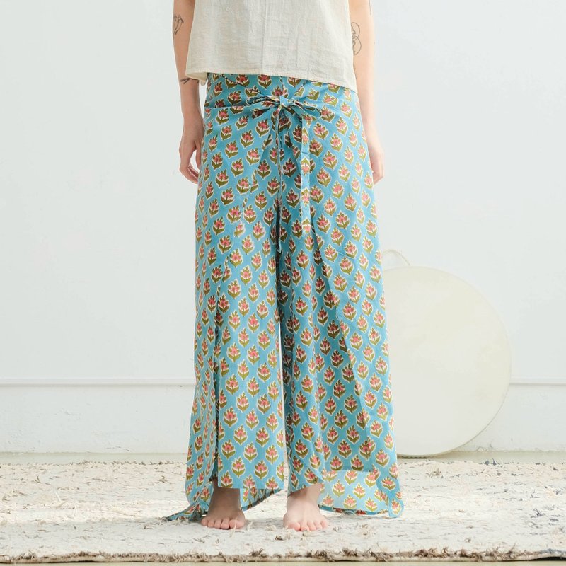 印度盖染前后绑带直筒裤 / 巴里纱 清泉花束 - 女装长裤 - 棉．麻 蓝色