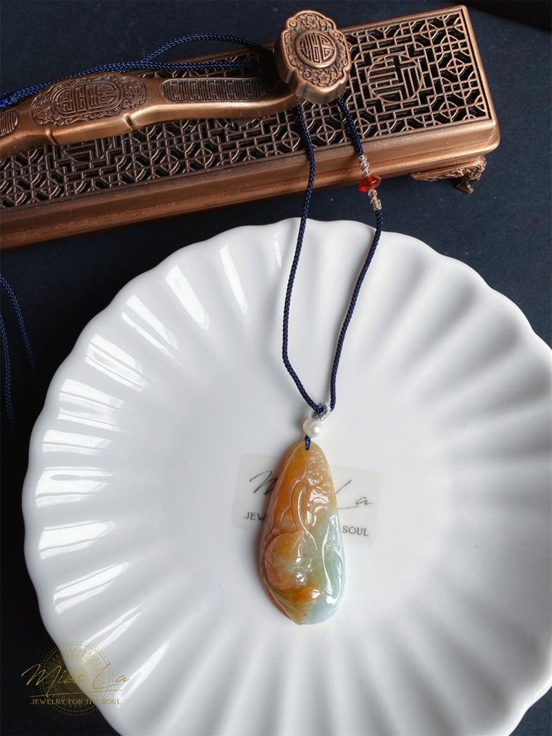 缅甸玉翡翠 天然红翡 手工雕 荷叶鱼 翡翠 礼物 天然石 项链 - 项链 - 玉石 红色