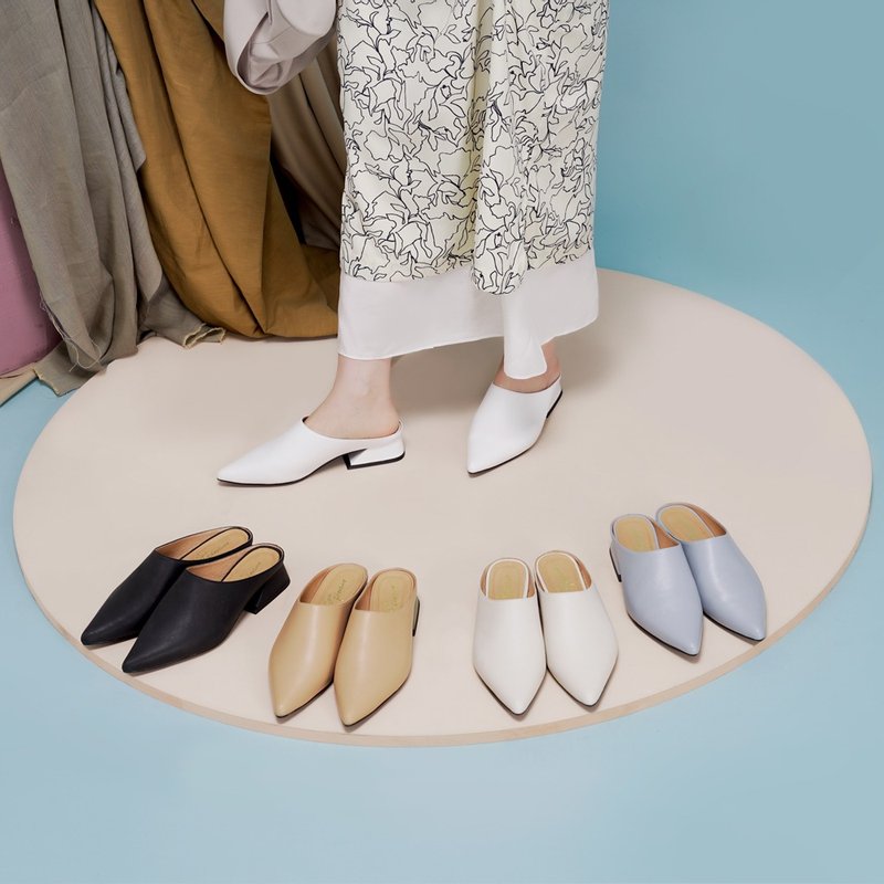 微正式!简单纯色调尖头穆勒鞋 白 全真皮MIT-优白色 - 男女凉鞋 - 真皮 白色