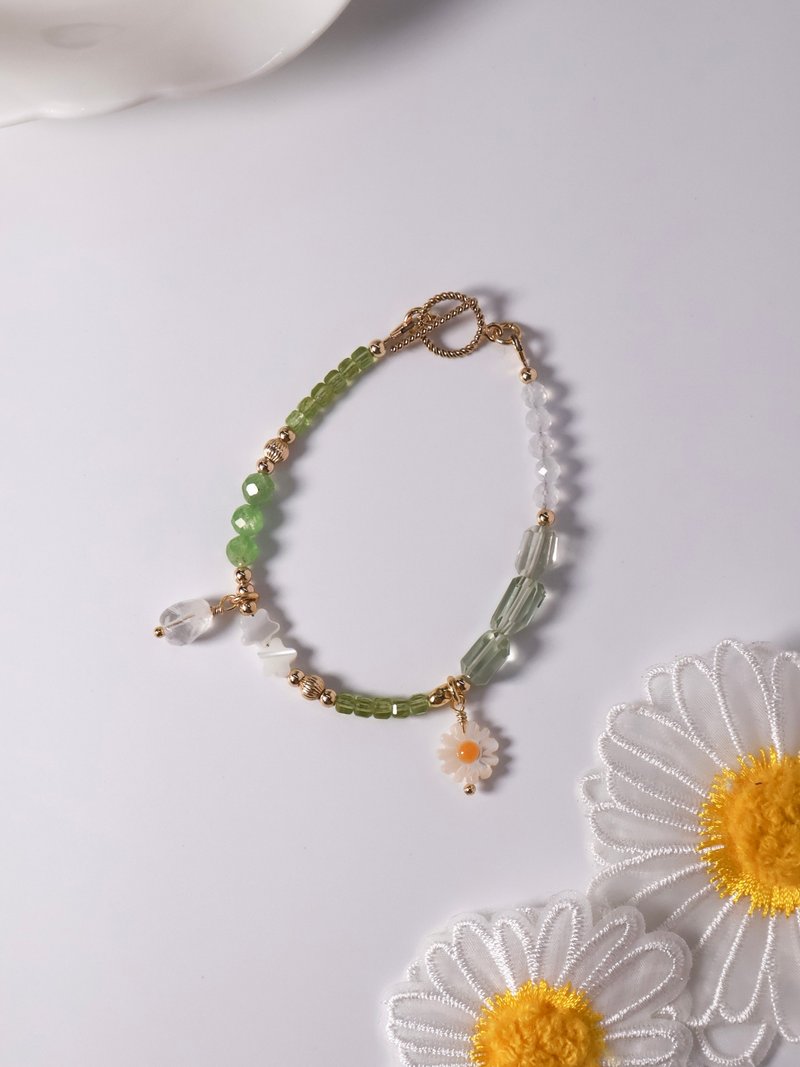 茵茵。蓝绿晶 白幽灵 橄榄石 14KGF 水晶矿石设计手链 - 手链/手环 - 水晶 绿色