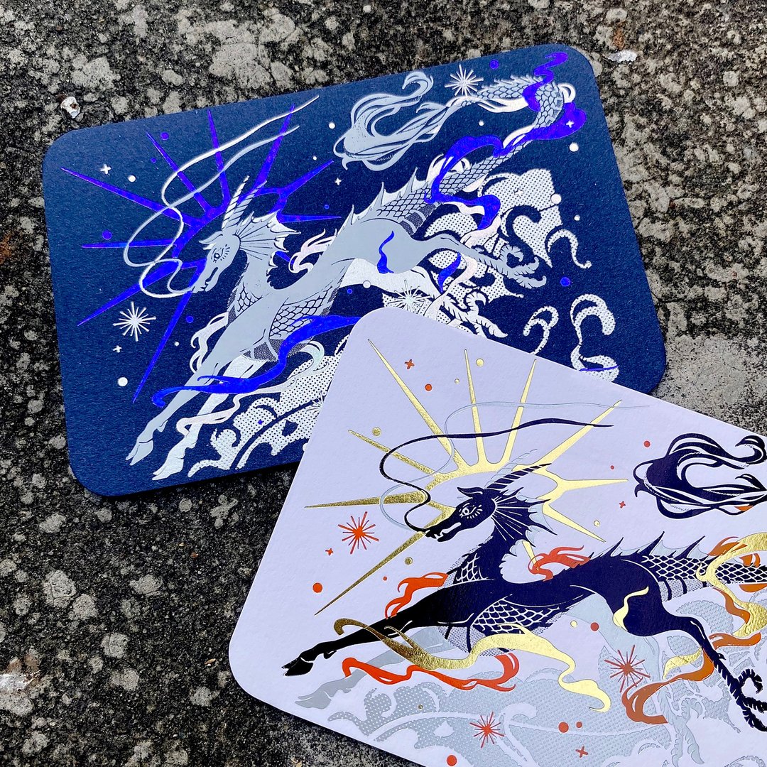 麒麟双烫金明信片 - 卡片/明信片 - 纸 蓝色
