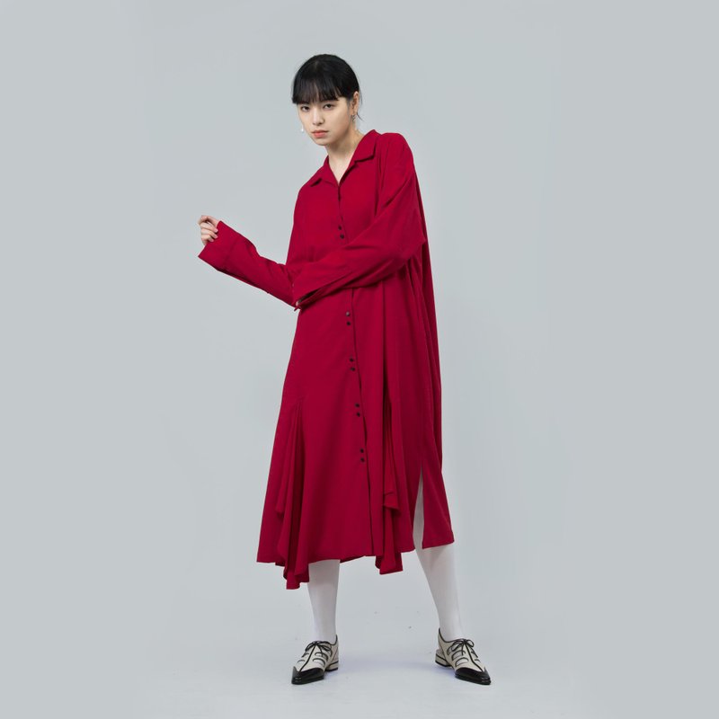 tan tan / 红色开衩波浪衬衫洋装 - 洋装/连衣裙 - 棉．麻 红色