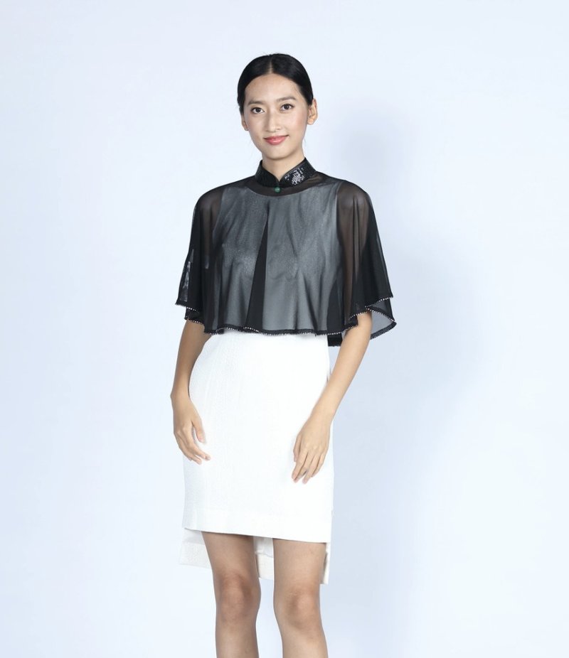 CELIA 亮片衣领网纱斗篷 - 黑色 - 女装上衣 - 聚酯纤维 黑色